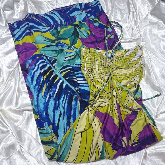 Cache Dresses & Skirts - y2k tropical Cache Maxi Dress Green Excellent Beaded Halter Smocked Floral